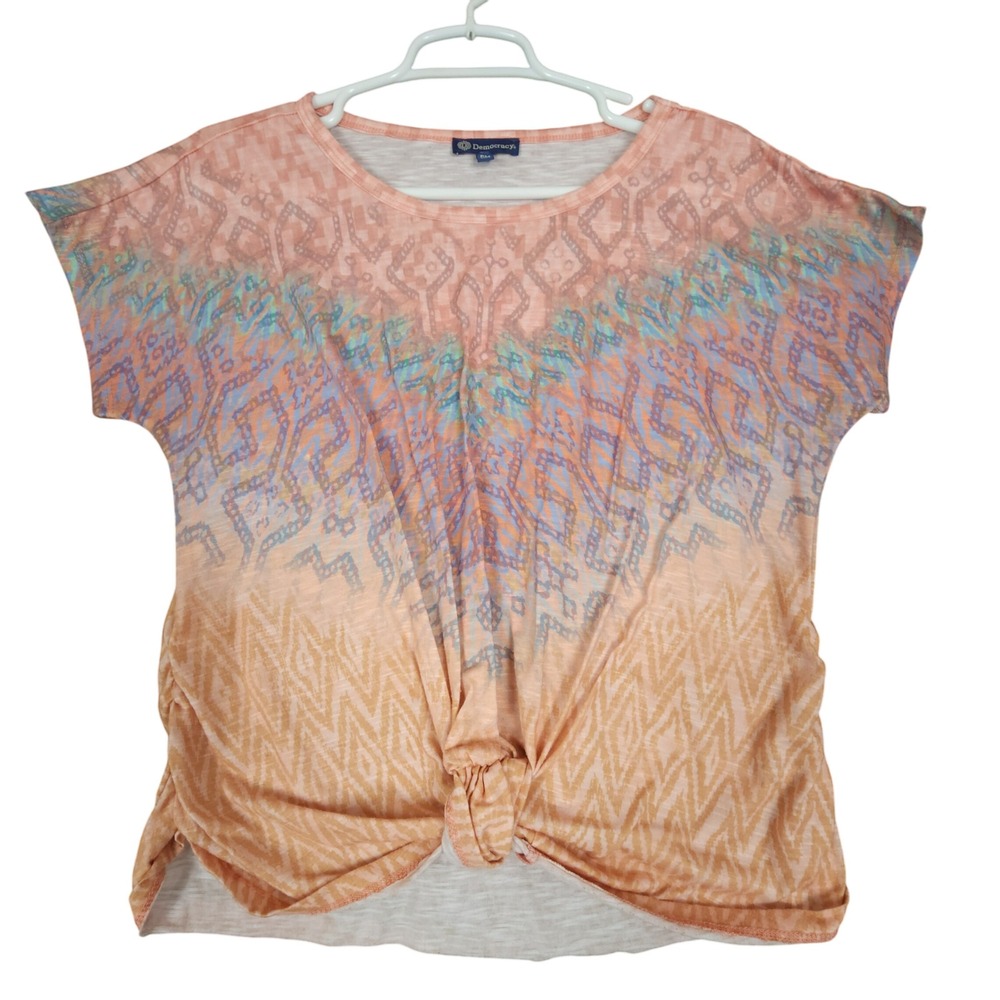 Democracy Peach Orange Tie‎ Front Top Geometric Pattern Cap Sleeve PM